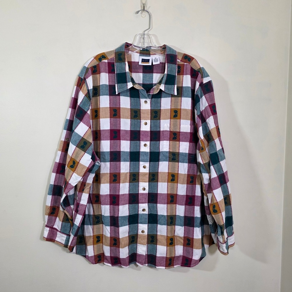 C.S.T. Sport Women Shirt Plaid Leaf Embroidered Button Down Casual Multi Size 3X